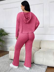 SHEIN EZwear 大碼落肩袖抽繩連帽衫和褲子 - 玫紅色 - 查看 2