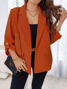 SHEIN Unity Plus Roll Tab Sleeve Open Front Blazer Graduation,Back To School,Teacher Outfits For Women Fall Cloth For Women Autumn - Rust Brown - View 3