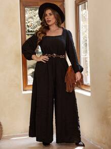SHEIN VCAY Plus Square Neck Lantern Sleeve Wide Leg Jumpsuit Without Belt - Black - View 4
