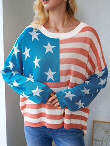 CILKOO Star & Striped Pattern Drop Shoulder Sweater - Blue - View 3