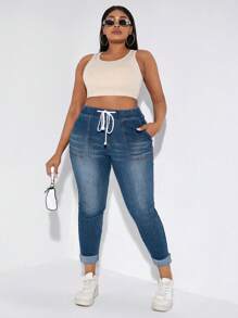 SHEIN SXY Plus Drawstring Waist Roll Up Hem Skinny Jeans - Medium Wash - View 4
