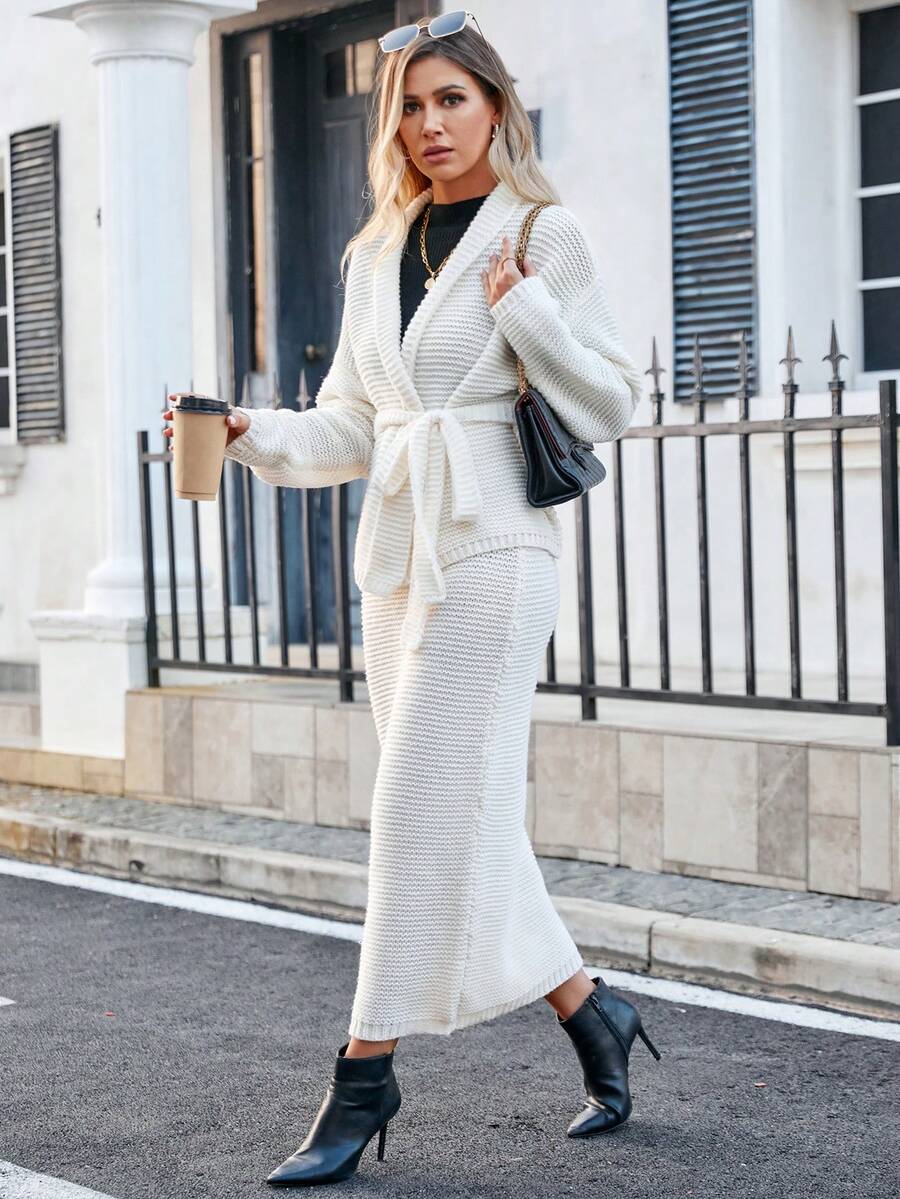 SHEIN Privé 青果領腰帶開襟衫和毛衣半身裙 - 米色 - 查看 1