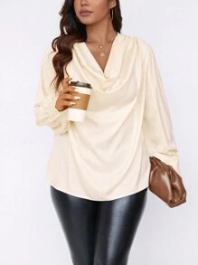 SHEIN Clasi Plus Draped Collar Lantern Sleeve Blouse - Apricot - View 5