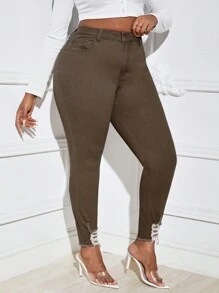 SHEIN Frenchy 大碼破洞毛邊緊身牛仔褲 - 棕色 - 查看 4