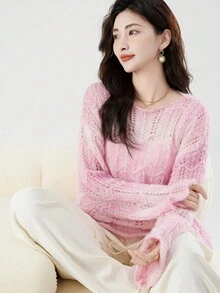 Solid Drop Shoulder Pointelle Knit Sweater