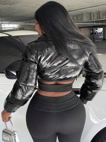 Slaydiva Zip Up Crop Padded Coat For Winter - Black - View 2