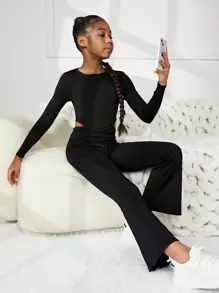 SHEIN 女大童素色T恤&喇叭褲 - 黑色 - 查看 1