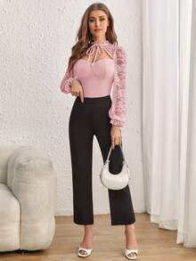 SHEIN Privé Ren tương phản Cắt ra Cà vạt tay áo lá sen Áo - Bụi hồng - Xem 6