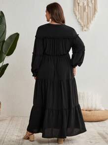 SHEIN VCAY Hơn Tay áo lồng đèn Nhiều lớp Xù Hoa Sen Đầm - màu đen - Xem 3