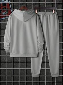 Manfinity Homme 男士字母圖案抽繩連帽衫和運動褲 - 淺灰色 - 查看 2