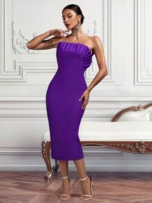 Purple Pleated Strapless Split Bodycon Cocktail Dress - Purple - View 4