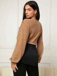 SHEIN Maternity Drop Shoulder Wrap Front 2 In 1 Nursing Sweatshirt - Khaki - View 2