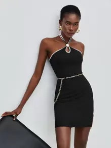 Maija 撞色滾邊繞頸露背緊身洋裝不附腰帶 - 黑與白 - 查看 1