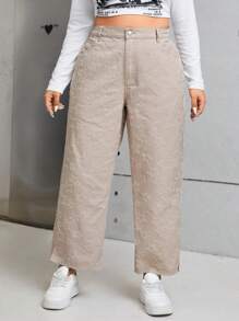 SHEIN ICON 大碼下擺開叉紋理質感牛仔褲 - 卡其色 - 查看 1