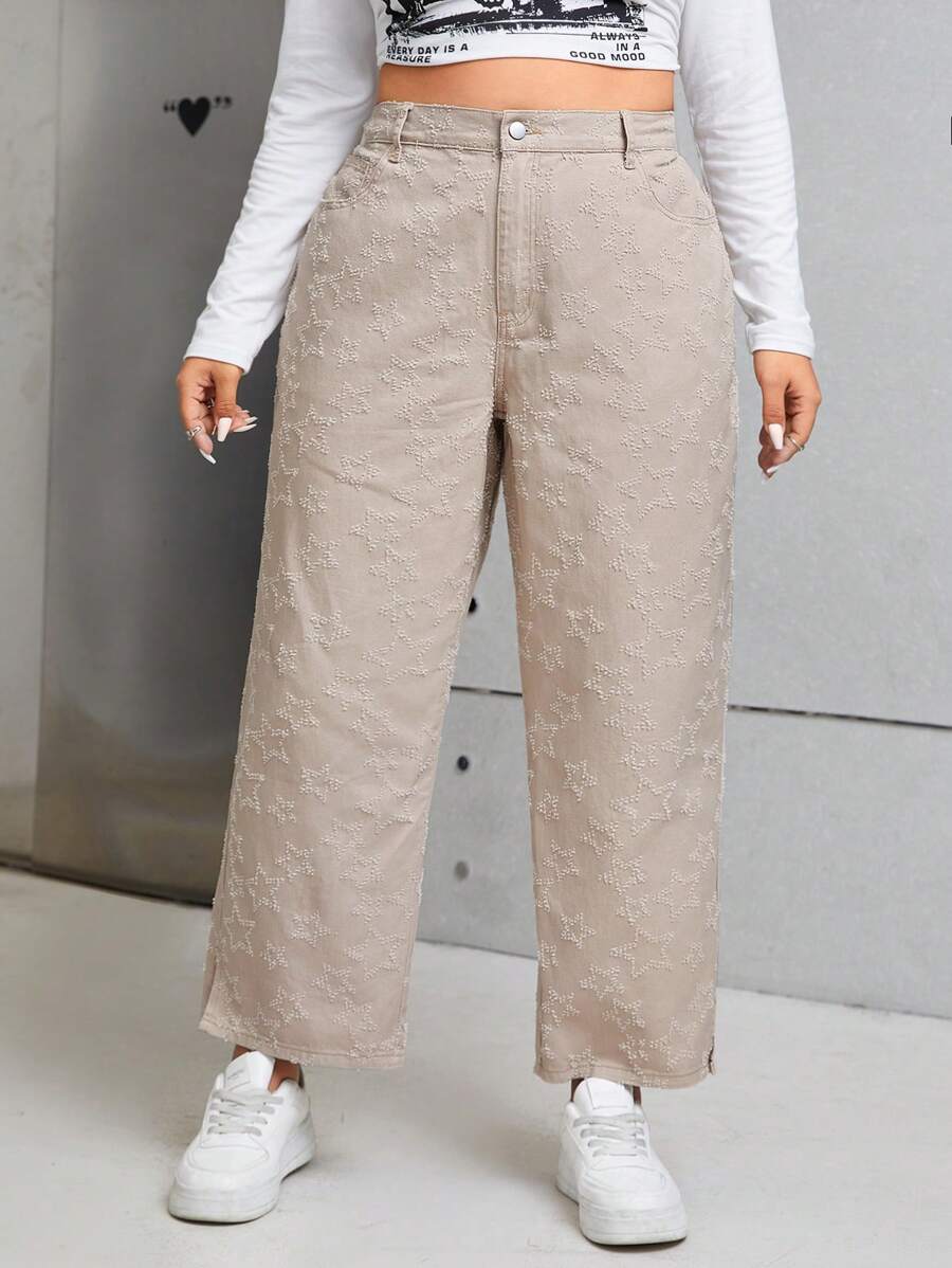 SHEIN ICON 大碼下擺開叉紋理質感牛仔褲 - 卡其色 - 查看 1