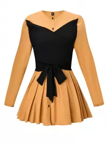 SHEIN LUNE 大碼雙色腰帶襯衫 - 黃色 - 查看 1