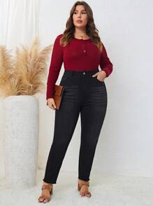 SHEIN LUNE 大碼高腰毛邊緣緊身牛仔褲 - 黑色 - 查看 6