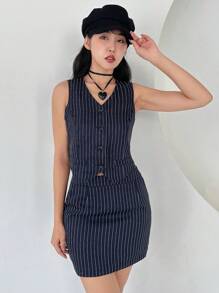 SHEINNeu con estampado de rayas Cazadora chaleco & Falda - Azul Marino - Ver 5