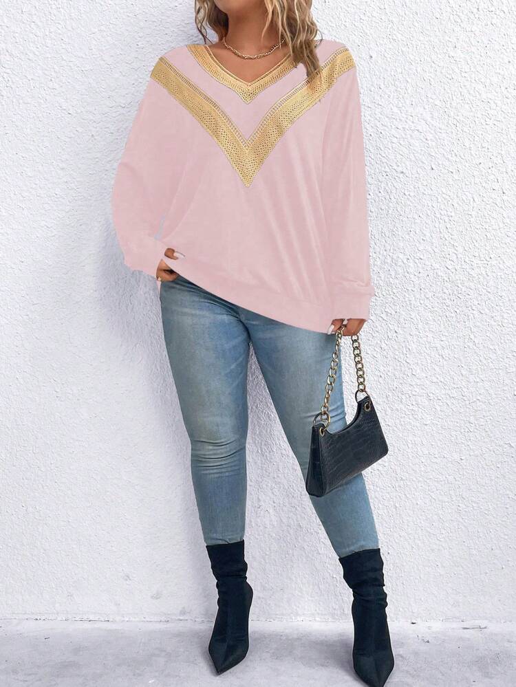 Plus Contrast Guipure Lace Drop Shoulder Sweatshirt Pullover Fall Sweatshirt