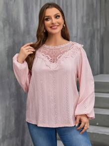 SHEIN Clasi Plus Eyelet Embroidery Contrast Lace Lantern Sleeve Tee - Pink - View 1