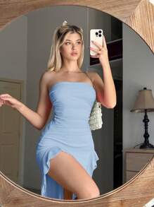 Sweetina Ruched Asymmetrical Hem Tube Dress - Baby Blue - View 5