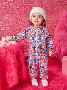 女嬰字母圖案夾克和運動褲&短款上衣 - 玫紅色 - 查看 5