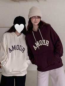 DAZY Letter Graphic Drop Shoulder Drawstring Hoodie - Burgundy - View 4