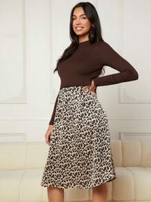 SHEIN Maternity Leopard Print Mock Neck Nursing Dress - Brown - View 3