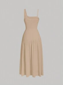 SHEIN MOD Solid Asymmetrical Neck Ruched Ruffle Hem Dress