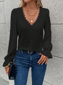 Pariaura 瑞士圆点花边蕾丝花边荷叶边袖衬衫，女士休闲撞色蕾丝，荷叶边长袖 V 领常规版型常规黑色喇叭袖女式衬衫，春/秋，休闲日常穿着，长袖上衣 - 黑色 - 查看 4