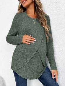 SHEIN Maternity Marled Knit Wrap Nursing Detail Tee - Green - View 3