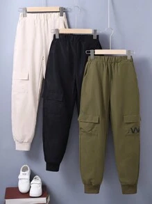 Cậu bé Tween 3pcs Đồ họa Chữ cái Túi nắp bên cạnh Quần Cargo - màu đen - Xem 1