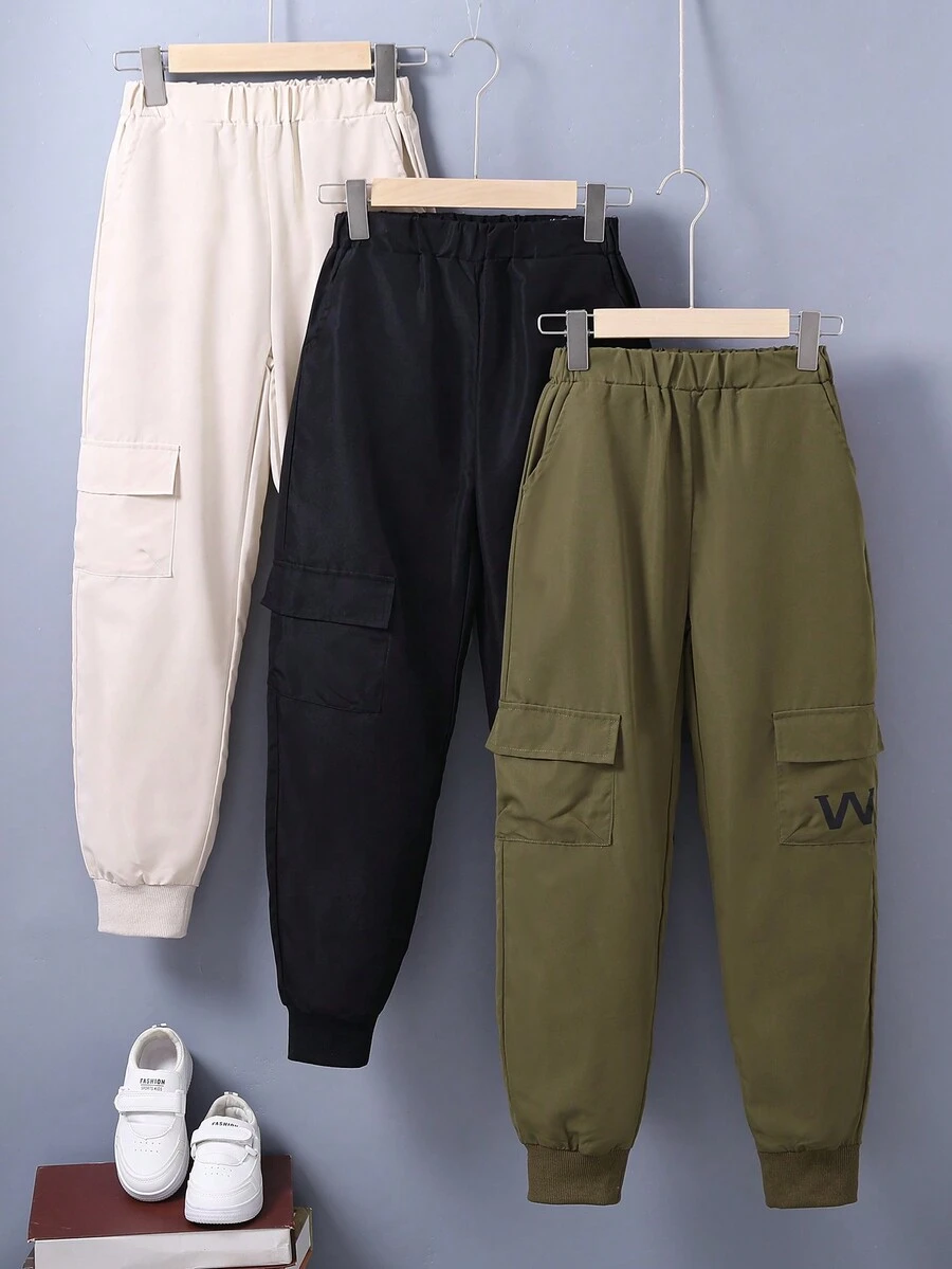 Cậu bé Tween 3pcs Đồ họa Chữ cái Túi nắp bên cạnh Quần Cargo - màu đen - Xem 1