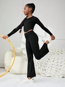 SHEIN 女大童素色T恤&喇叭褲 - 黑色 - 查看 4