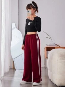 Teen Girl Contrast Tape Side Wide Leg Pants - Red - View 5