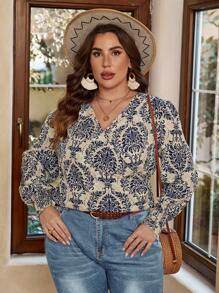 SHEIN VCAY Plus Allover Print Lantern Sleeve Blouse - Multicolor - View 1
