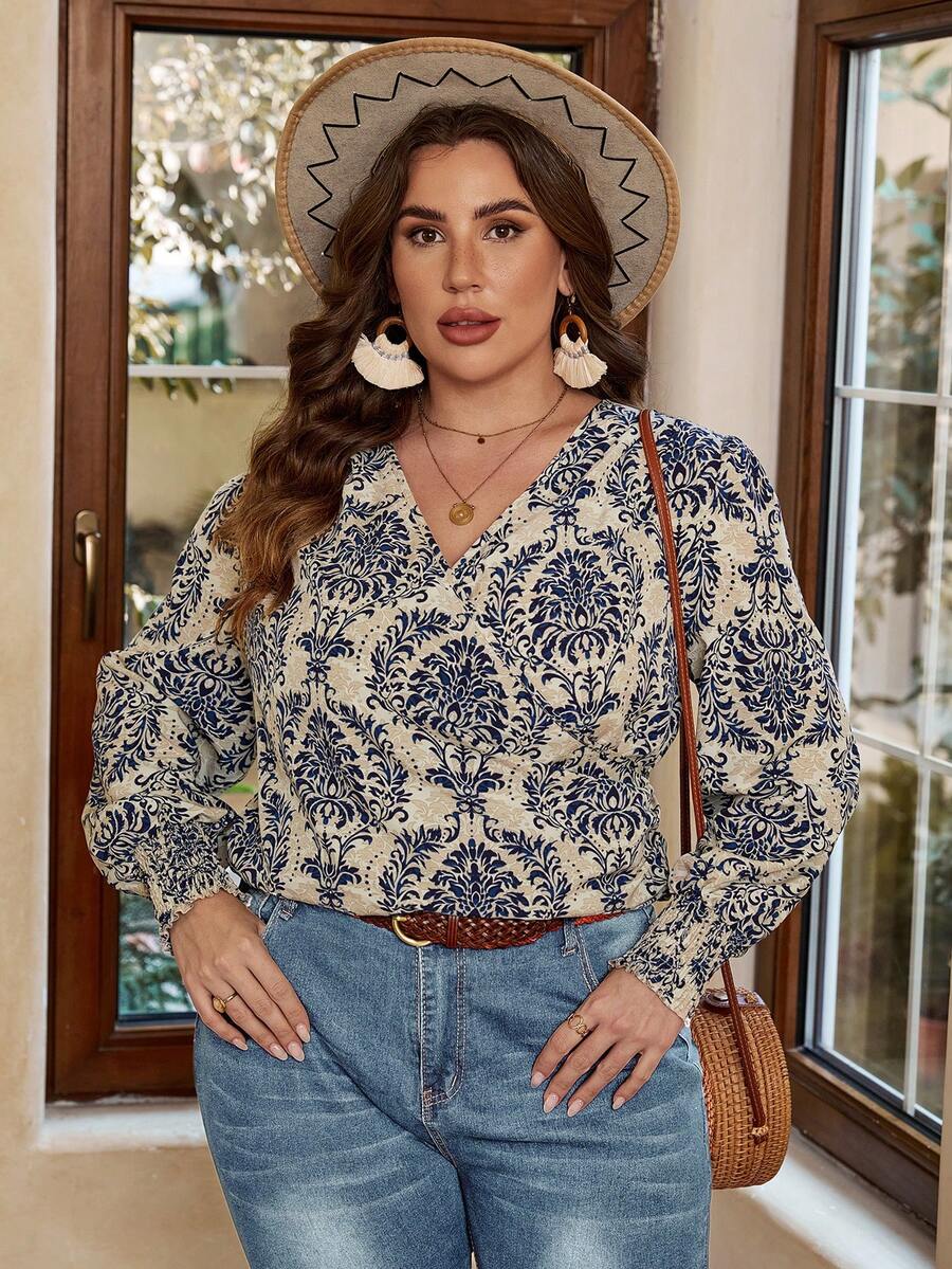 SHEIN VCAY Plus Allover Print Lantern Sleeve Blouse - Multicolor - View 1