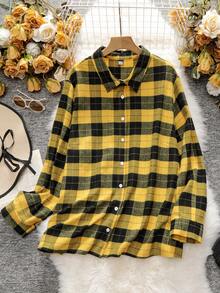 SHEIN CURVE+ 大碼格紋印花前紐扣襯衫 - 黃色 - 查看 4