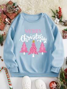 SHEIN EZwear 圣诞树及标语图案保暖套头卫衣，秋季卫衣 - 淺藍色 - 查看 1