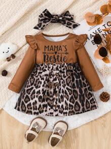 女嬰豹紋和標語圖案荷葉邊洋裝＆ 頭巾 - 彩色 - 查看 1