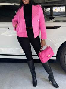 Slaydiva Double Breasted Teddy Lined Crop Jacket - Coral Pink - View 3