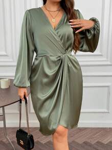 SHEIN Clasi Plus V Neck Lantern Sleeve Ruched Wrap Hem Dress - Army Green - View 6