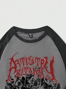 ROMWE MEN Goth Áo thun nam tay in chữ Raglan - Màu xám đen - Xem 4