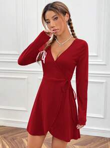 SHEIN EZwear Solid Knot Side Wrap Dress - Rose Red - View 6