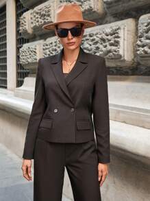 EURMUSE Solid Double Button Blazer - Brown - View 5