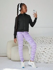 SHEIN Tween Girl Raglan Sleeve Zipper Up Placket Hooded Sports Jacket - Black - View 4