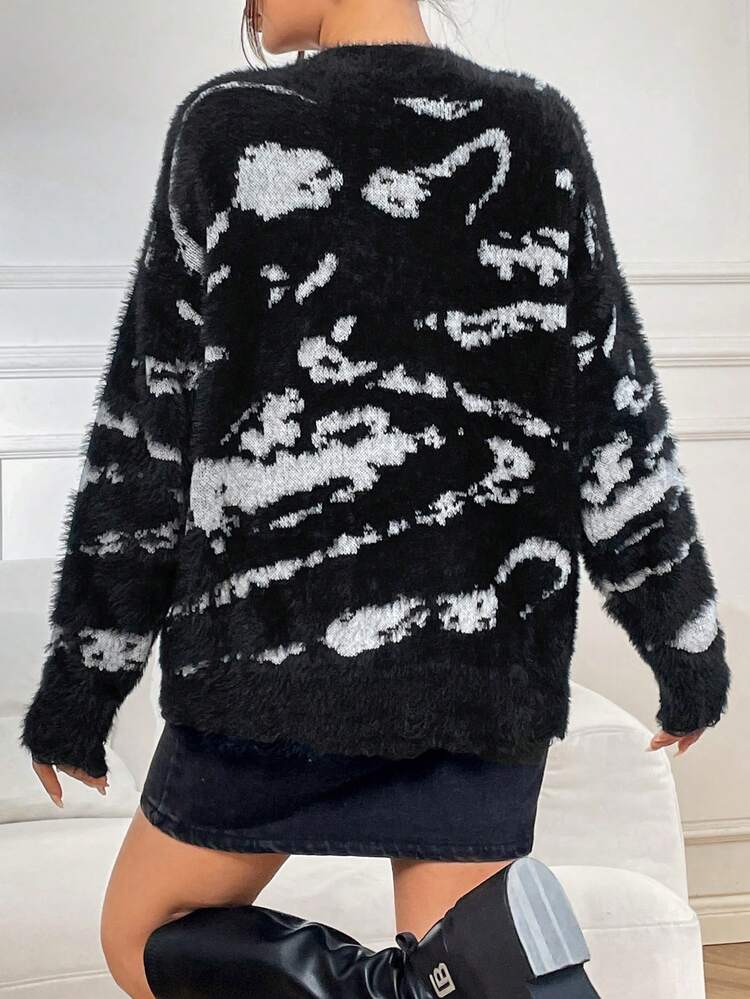 Graphic Pattern Drop Shoulder Fuzzy Knit Pullover Fall Winter Sweater