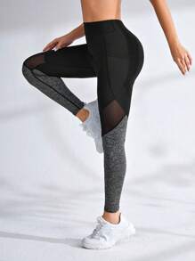 Yoga Futuristic Contrast Colour Panel Yoga Leggings Mesh Insert Gym Tights With Phone Pocket - Multicolor - View 5