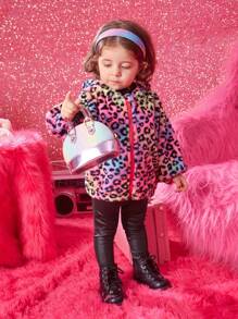 Baby Girl Leopard Pattern Hooded Teddy Jacket - Multicolor - View 5