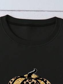 SHEIN EZwear Hơn Quả bí ngô & Đồ họa Chữ cái Áo nỉ - màu đen - Xem 3
